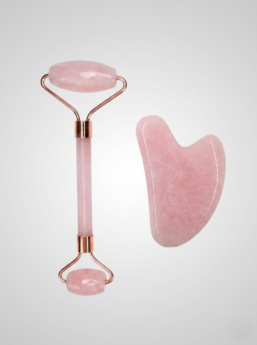 Kit Rodillo Facial de Cuarzo Rosa + Piedra Gua Sha – Ritual Completo Antiedad