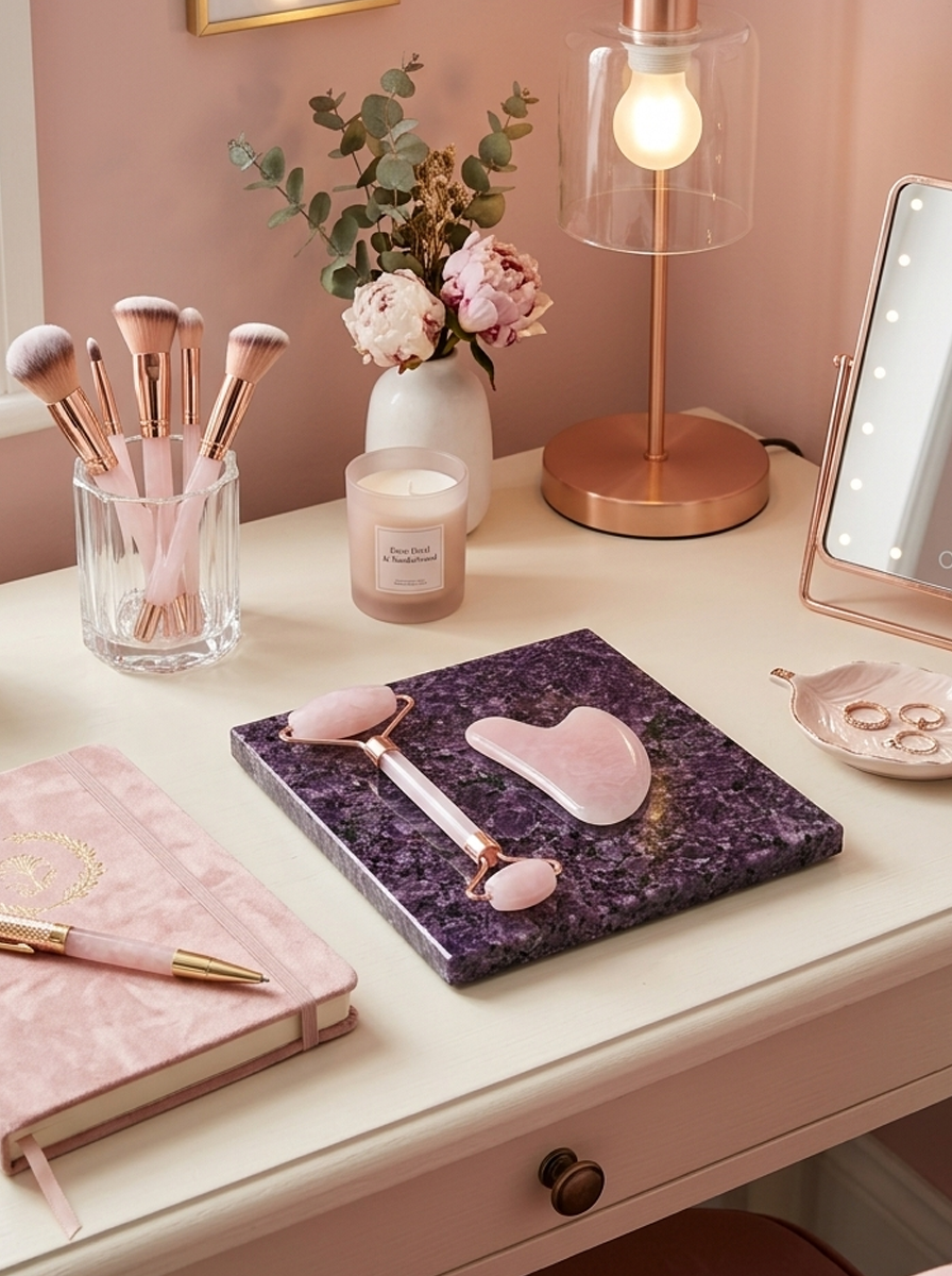 Kit Rodillo Facial de Cuarzo Rosa + Piedra Gua Sha – Ritual Completo Antiedad